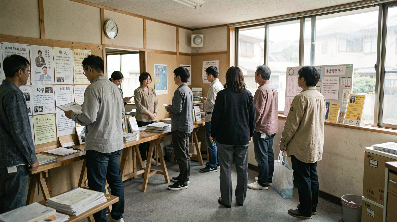 A notice covered wall beside a row of trestle tables used as a counter in a Japanese neighbourhood office, about a dozen people standing and waiting, flat daylight from a side window, medium wide shot.